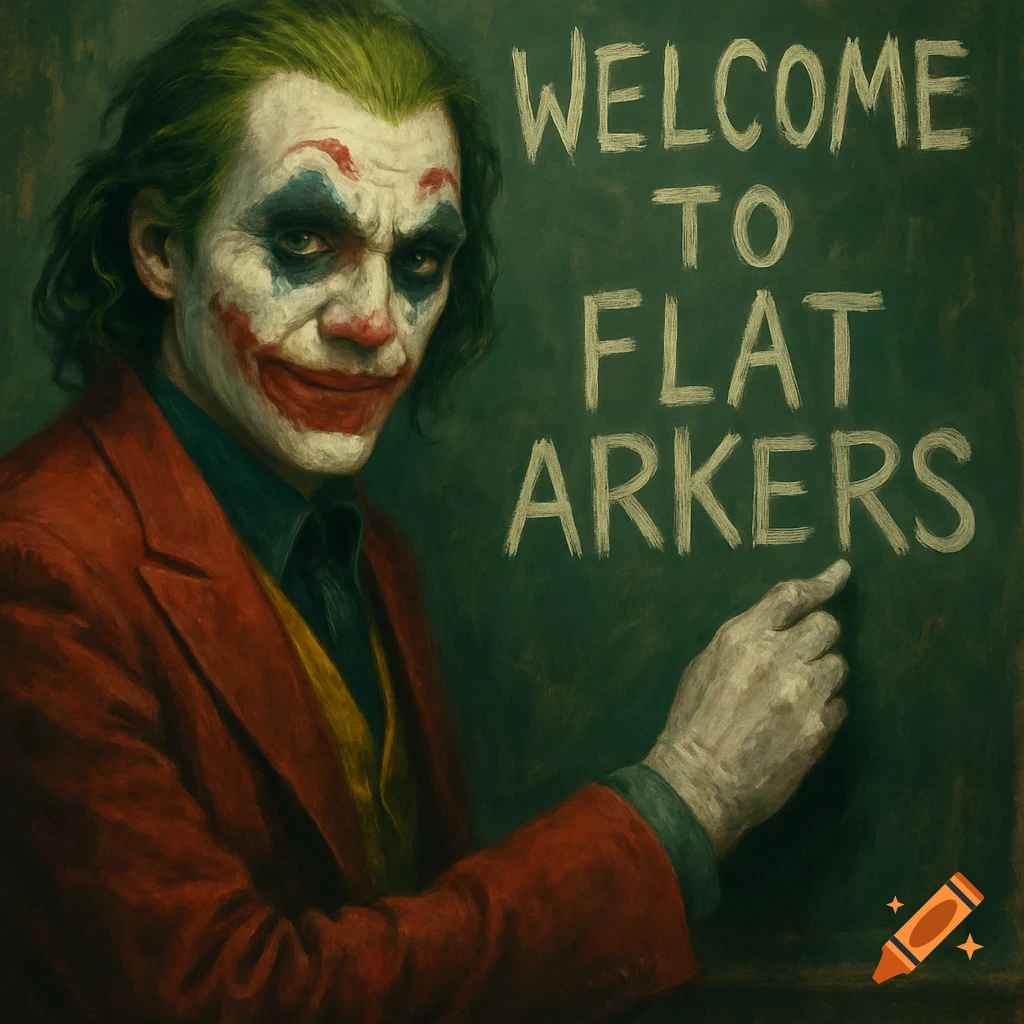 The Joker in a red suit stands next to a chalkboard, pointing at the words 'WELCOME TO FLAT ARKERS' written in chalk.