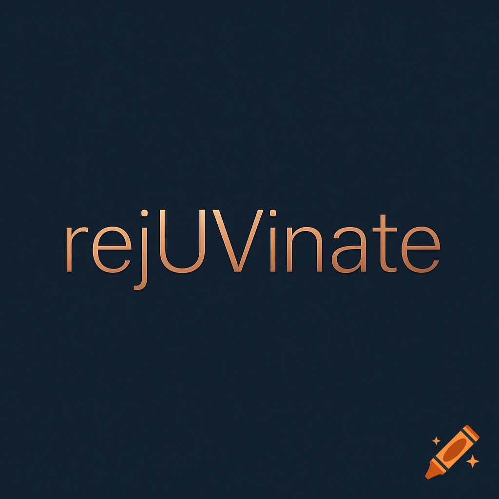 A brand logo featuring the word "rejUVinate" in copper-toned, thin sans-serif text on a deep navy blue background.