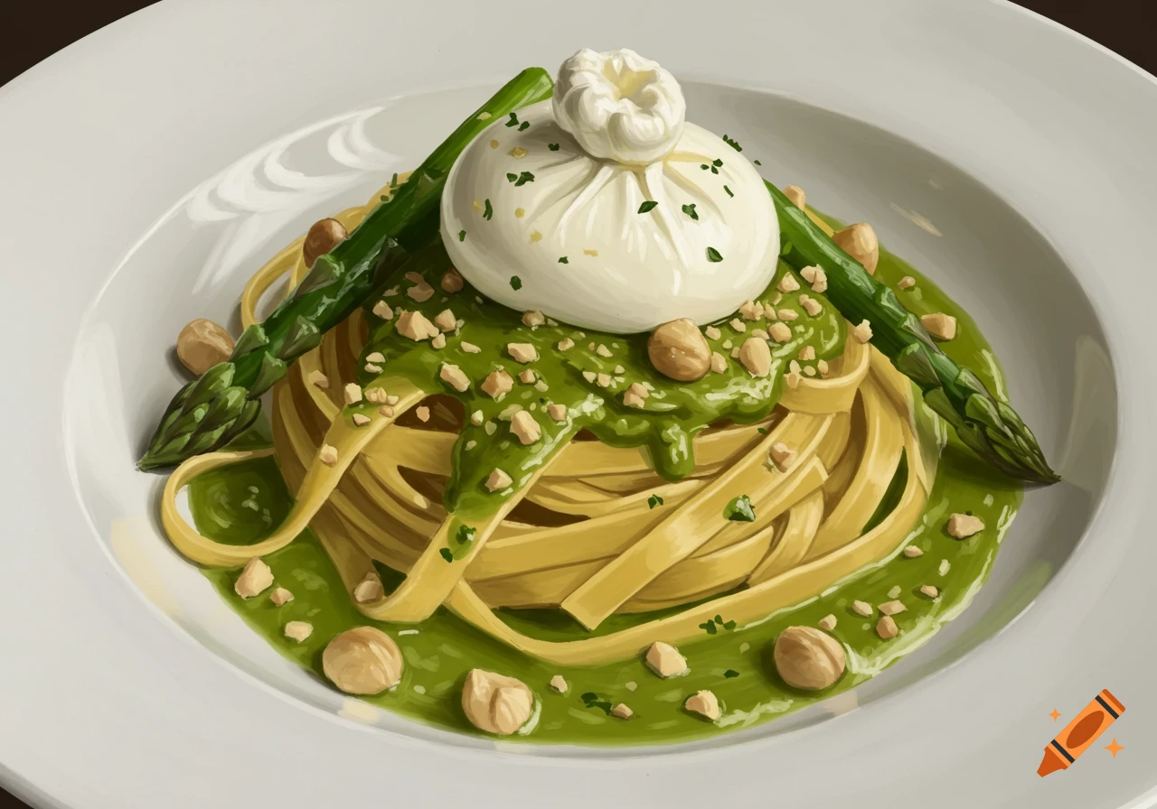 A plate of tagliatelle pasta with green sauce, topped with burrata cheese, asparagus spears, and crushed nuts, in a painterly style.