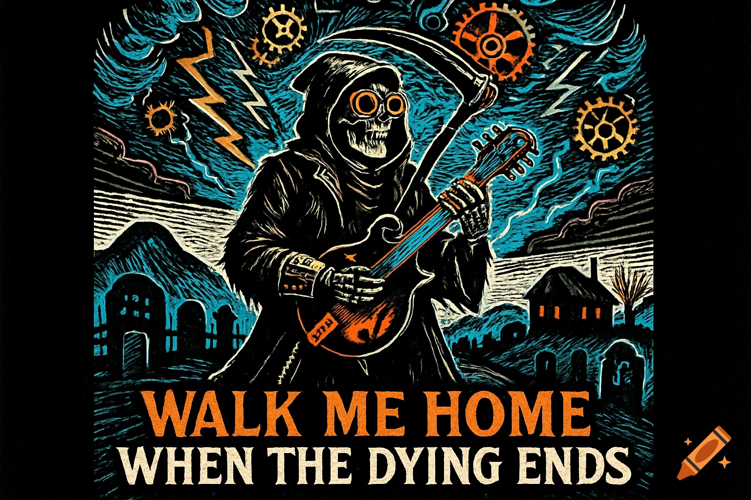 Linocut illustration of a Grim Reaper in steampunk gear playing an electric guitar, with text 'Walk Me Home When the Dying Ends'.