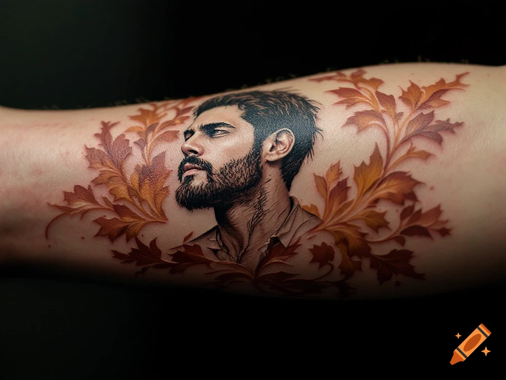 A realistic tattoo of a man's head surrounded by autumn leaves on an arm.