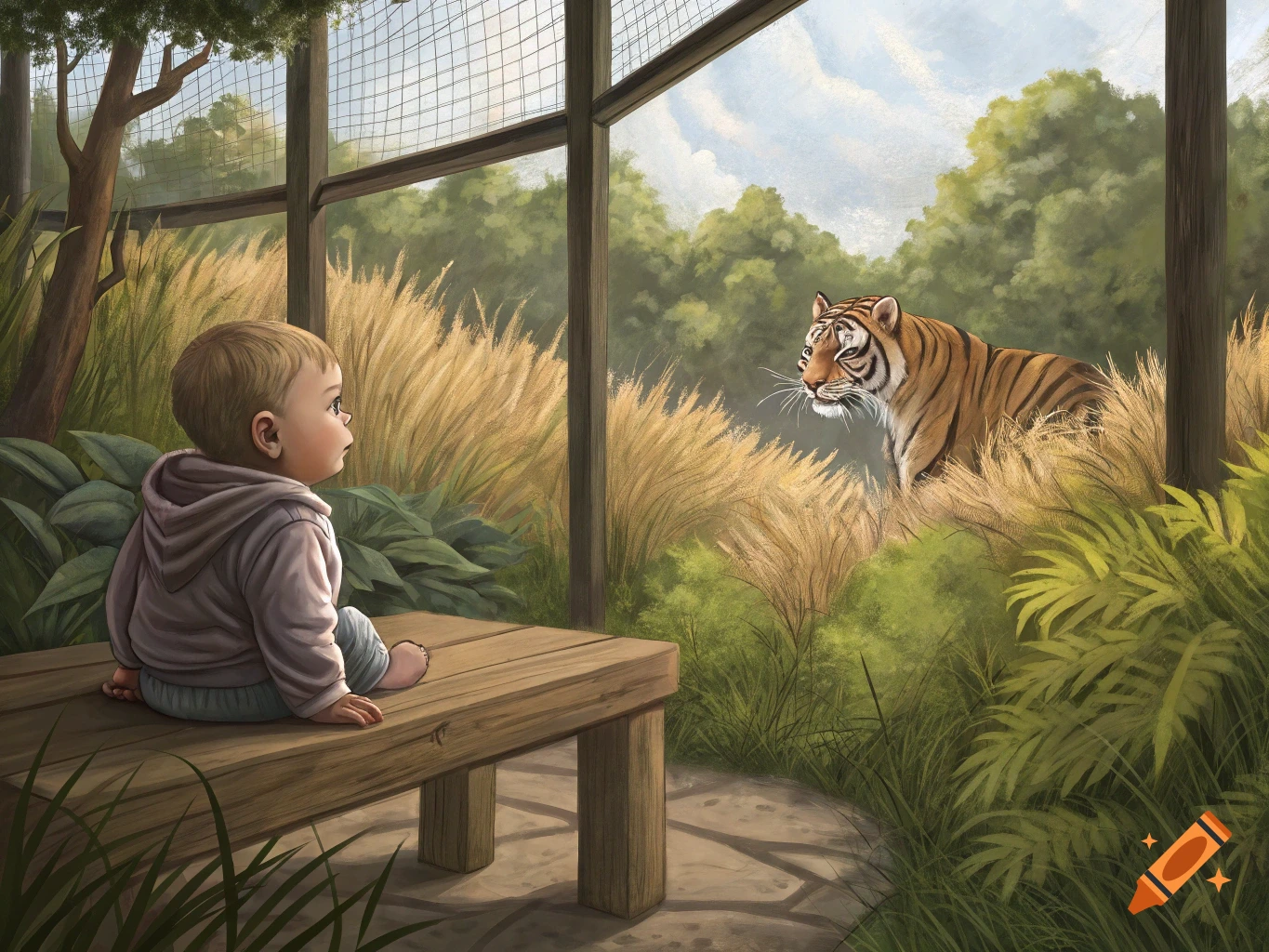 A baby sits on a wooden bench, looking through a fence at a tiger in a grassy enclosure at a zoo.