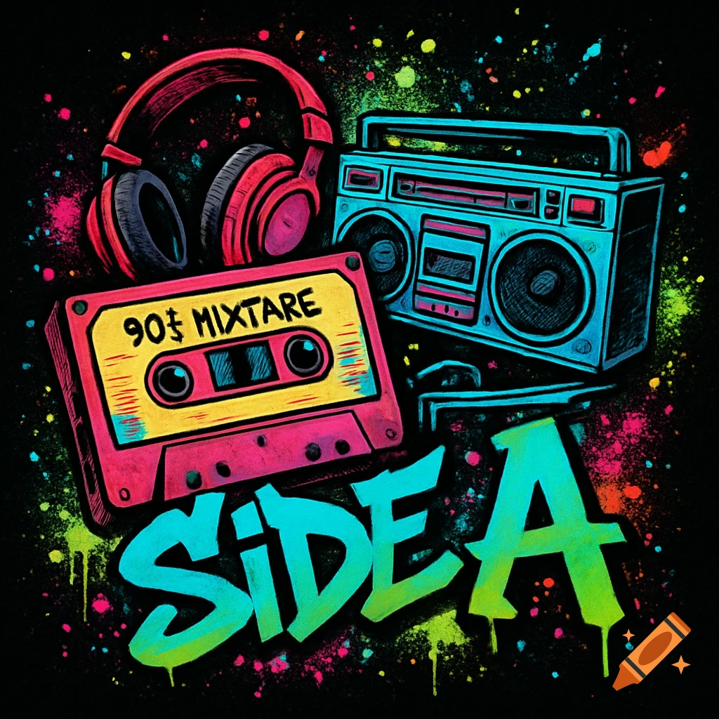 Vibrant graffiti art featuring red headphones, a blue boombox, and a pink cassette tape with '90$ MIXTARE' and 'SIDE A' text, on a splatter-painted black background.