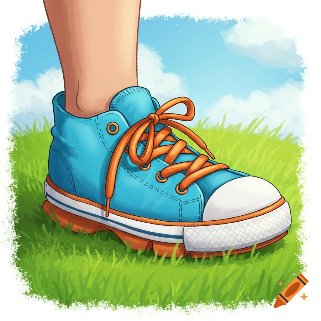 A foot in a blue high-top sneaker with orange laces and soles stands on green grass under a blue sky.