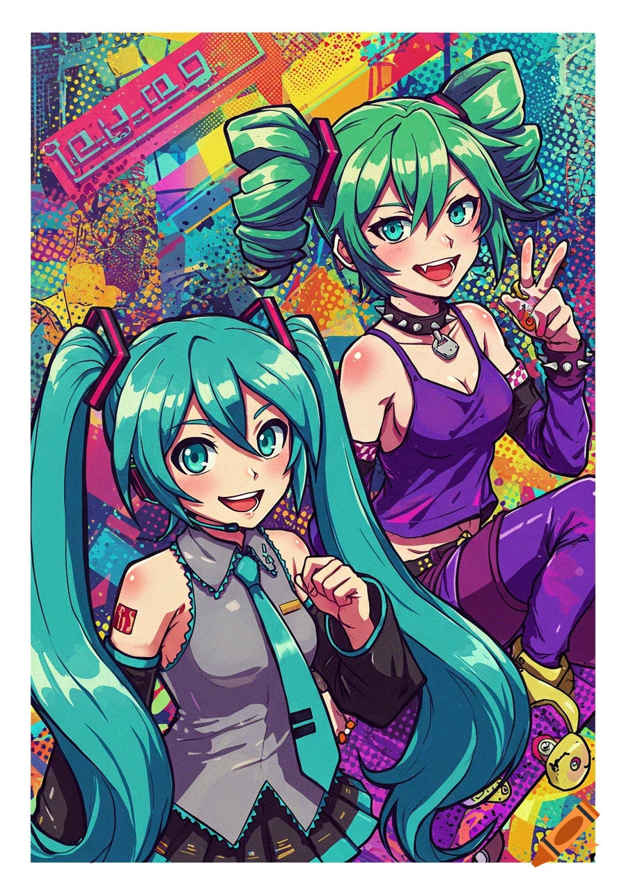 Two anime-style characters, one with turquoise pigtails and a gray and black outfit, the other with green pigtails and a purple outfit, against a vibrant, colorful, graffiti-style background.