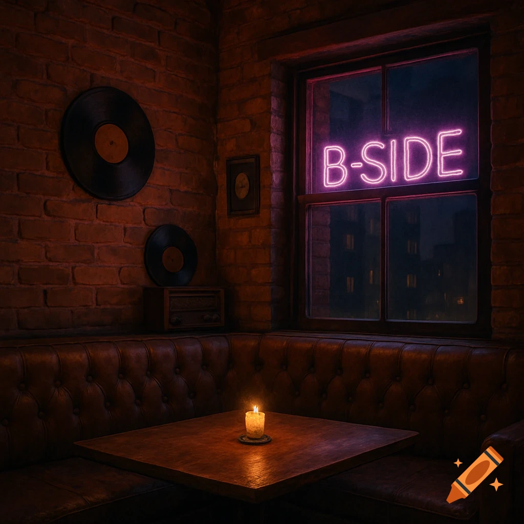 A dimly lit, vintage cafe interior with a "B-SIDE" neon sign in the window, a candle on a wooden table, and vinyl records on a brick wall.