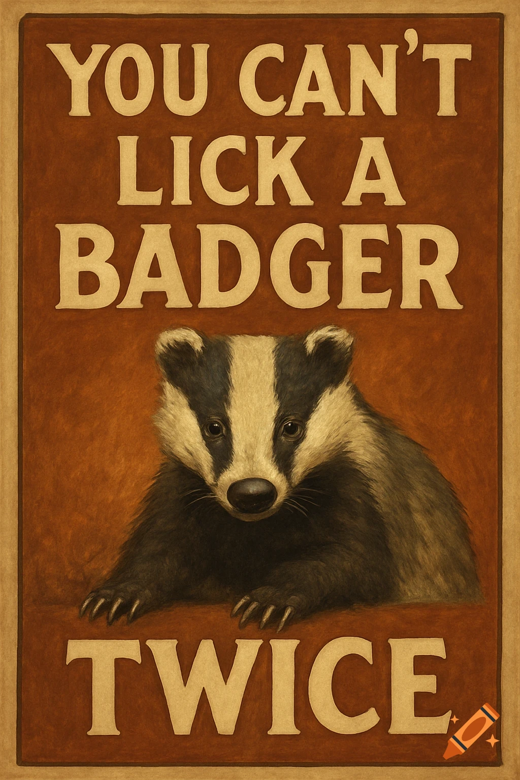 A brown poster featuring a badger with the text 'You can't lick a badger twice'.