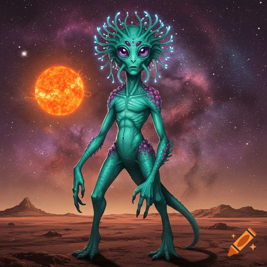 A slender teal-skinned alien with multiple purple eyes, glowing tentacle-like head tendrils, and purple growths stands on a reddish-brown alien landscape under a purple galaxy sky with a large orange sun.