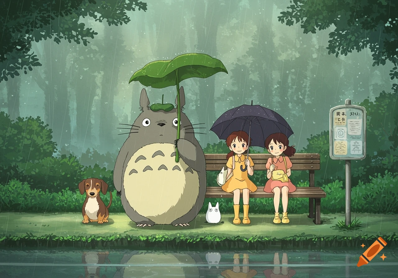 Totoro, two girls, and a dachshund under umbrellas at a rainy bus stop in Studio Ghibli anime style.