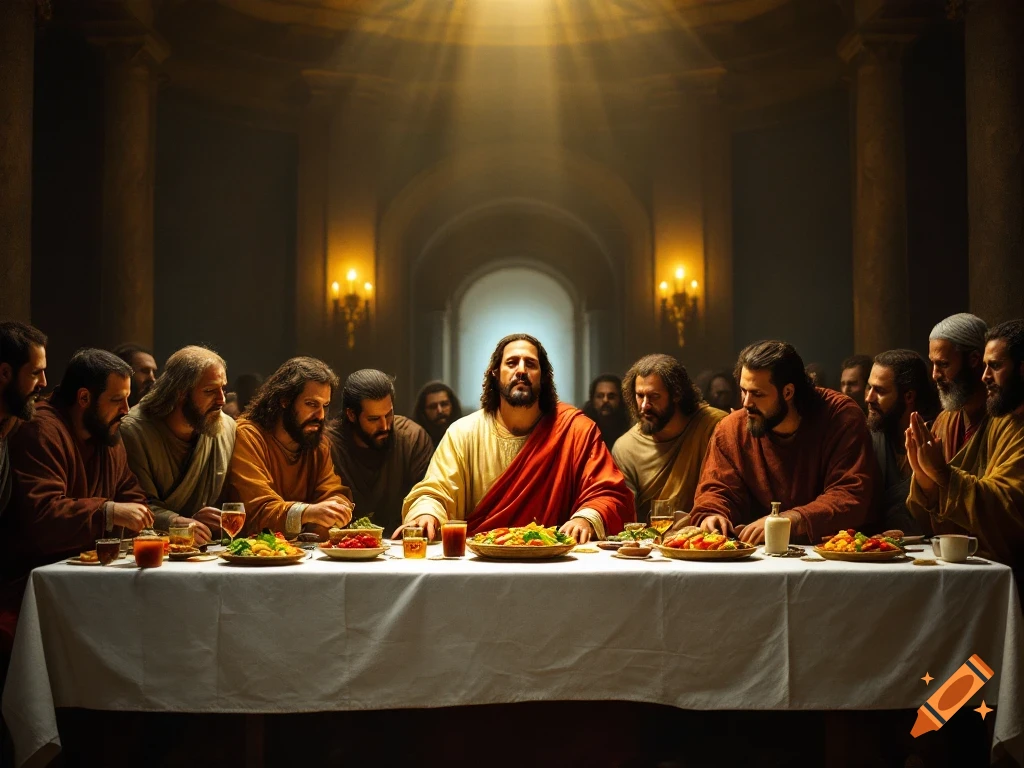 Photorealistic depiction of Jesus and his disciples at the Last Supper, seated around a long table with food and drink.