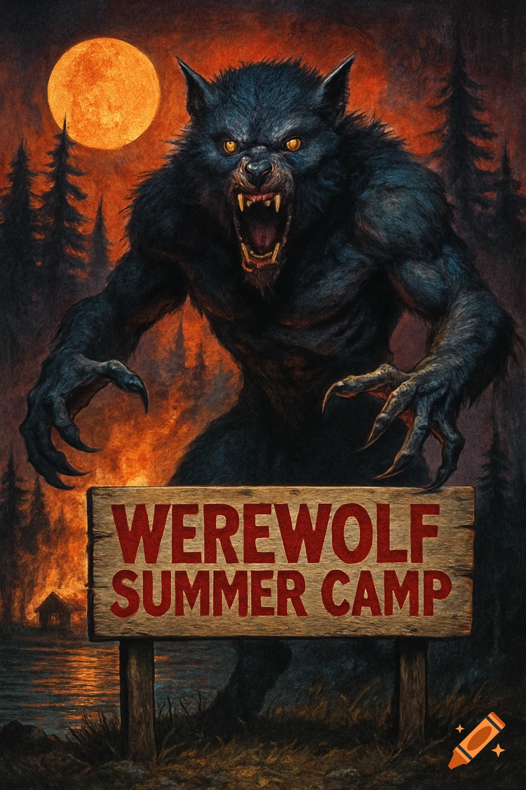 A large, menacing black werewolf stands behind a 'Werewolf Summer Camp' sign under a large orange moon in a dark forest.
