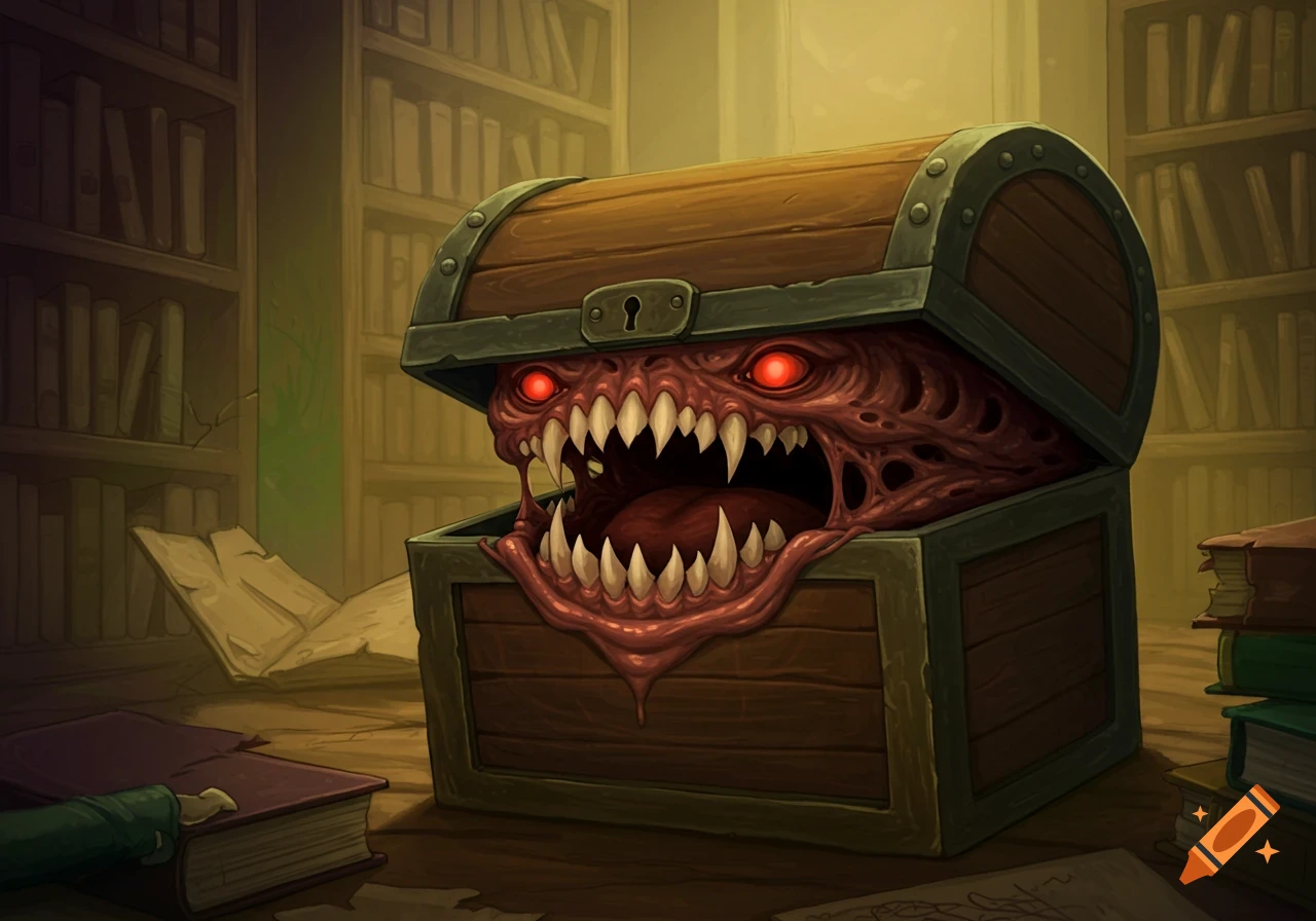 A grotesque treasure chest monster with red eyes and sharp teeth emerges from a wooden chest in a dimly lit library.