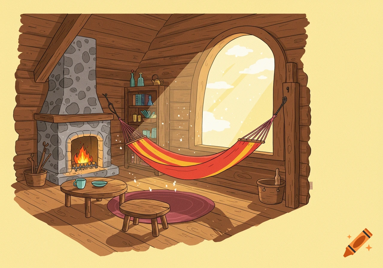 A cozy cartoon illustration of a wooden cabin interior with a fireplace, a hammock by a window, and sun rays.