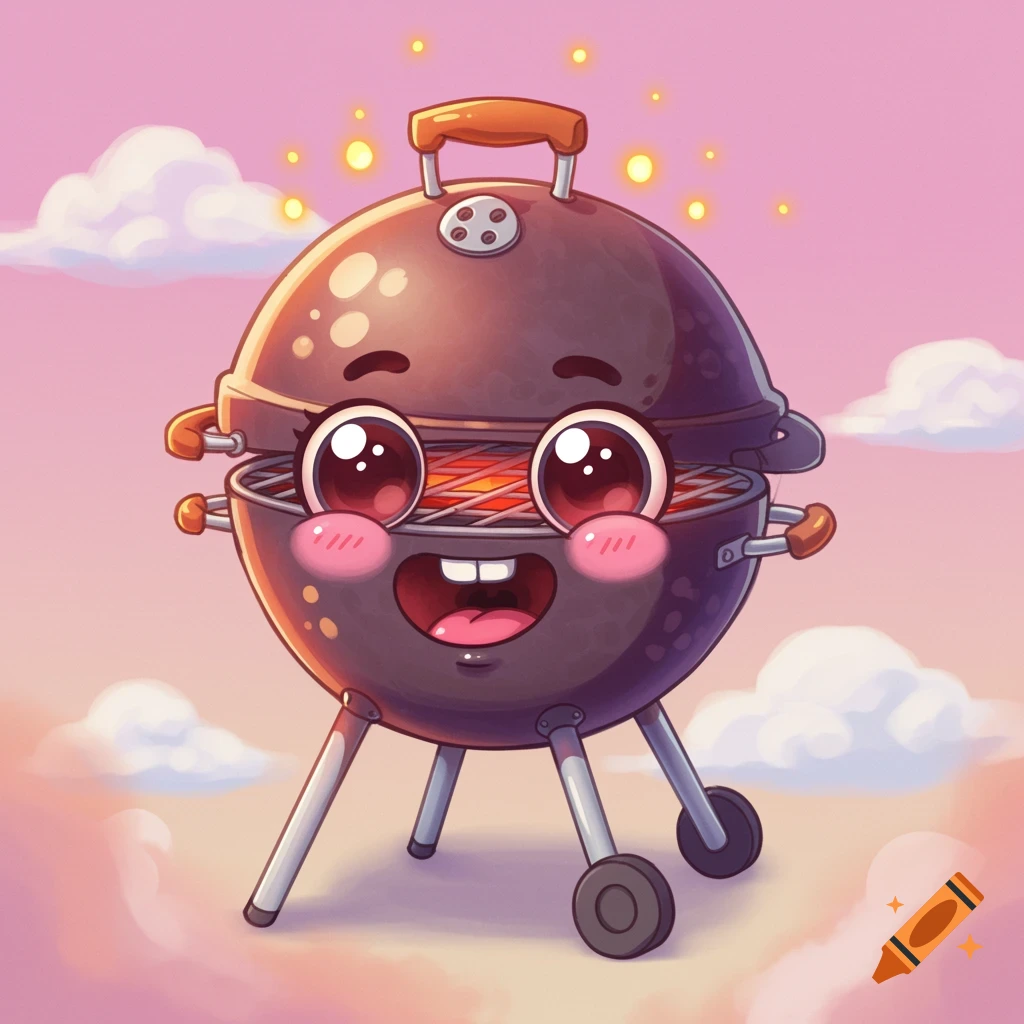 A cute, happy cartoon barbecue grill with big eyes and rosy cheeks smiles in a pink sky with clouds.