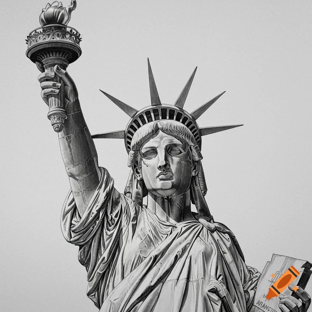 Black and white pencil drawing of the Statue of Liberty holding a torch and tablet, depicted from the chest up.