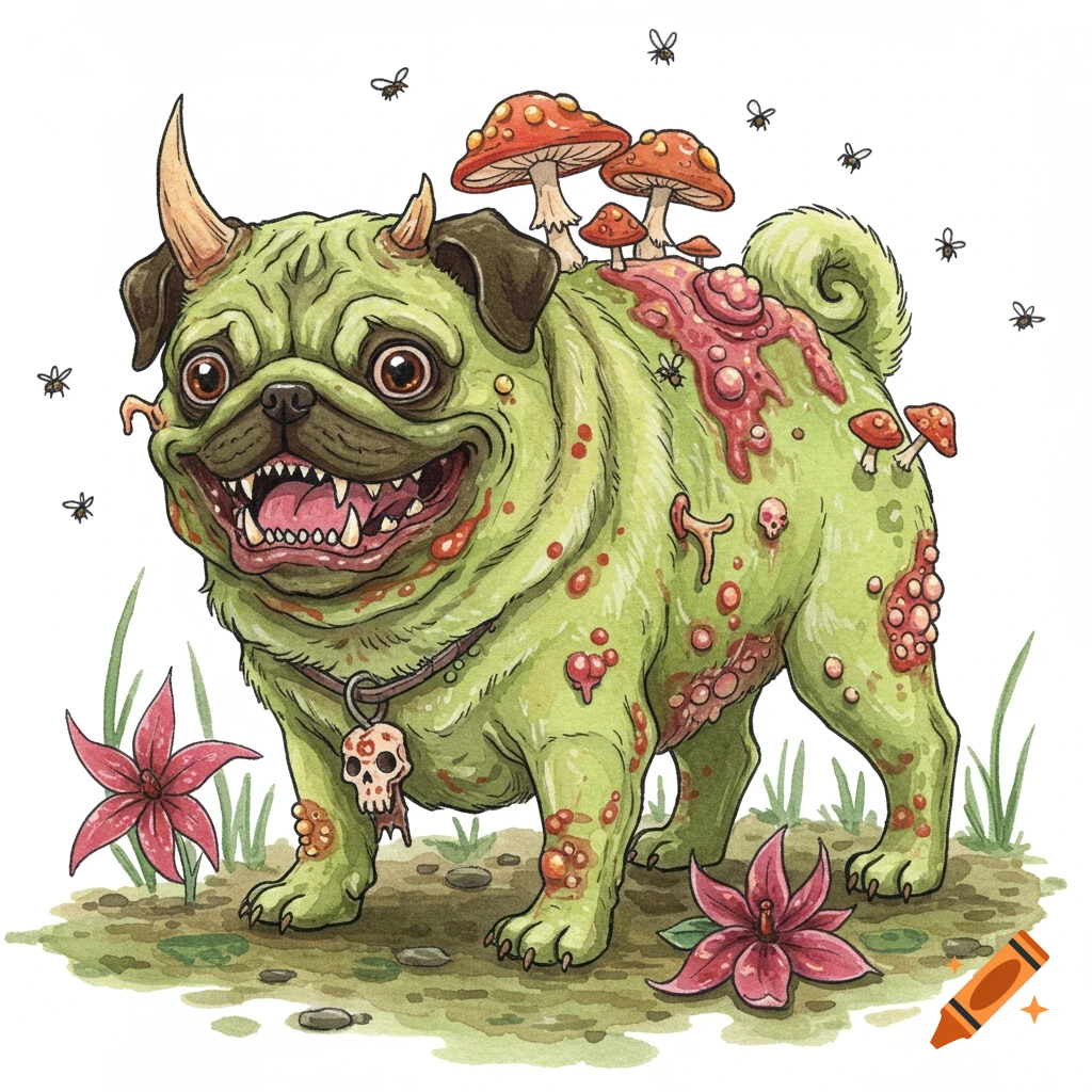 A grotesque green pug with horns, boils, and mushrooms growing on its back, standing on grass with flies around it, in a watercolor illustration style.