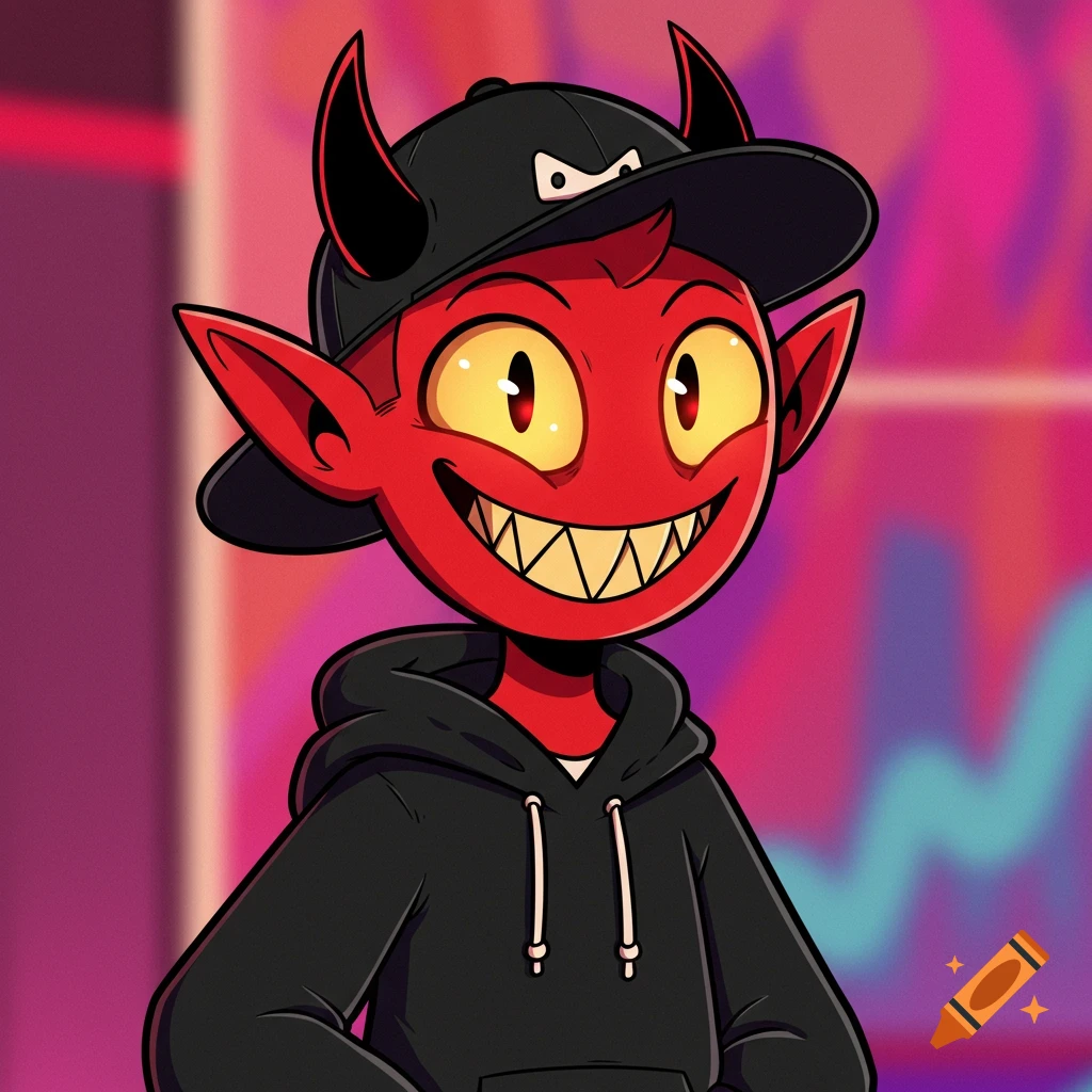 A cartoon red demon character with horns, yellow eyes, and sharp teeth, wearing a black hoodie and baseball cap.