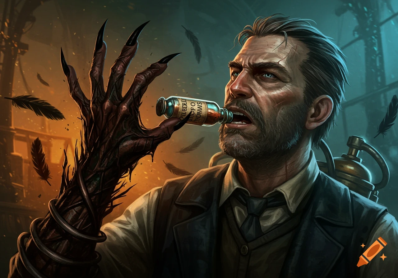A man with a transforming, monstrous hand drinks from a small bottle, with feathers falling around him in a dark, stylized scene.