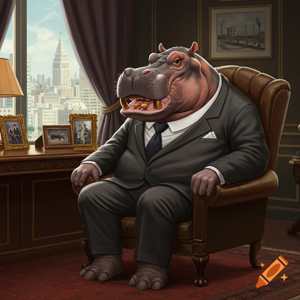 A serious-looking anthropomorphic hippo in a dark suit sits in a brown leather armchair in an office with a city view.