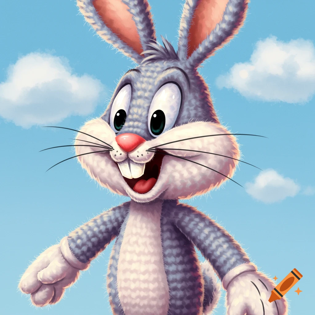 Crocheted Bugs Bunny doll smiling against a blue sky with clouds.