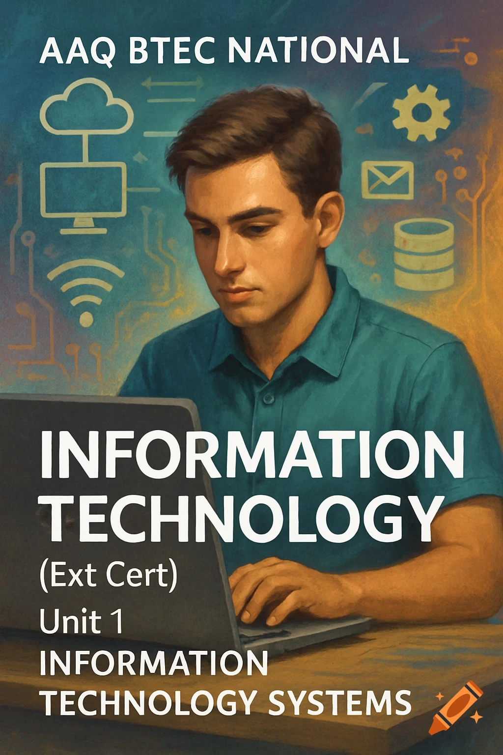 An illustration of a young man using a laptop, with technology icons and text for 'Information Technology BTEC National'.