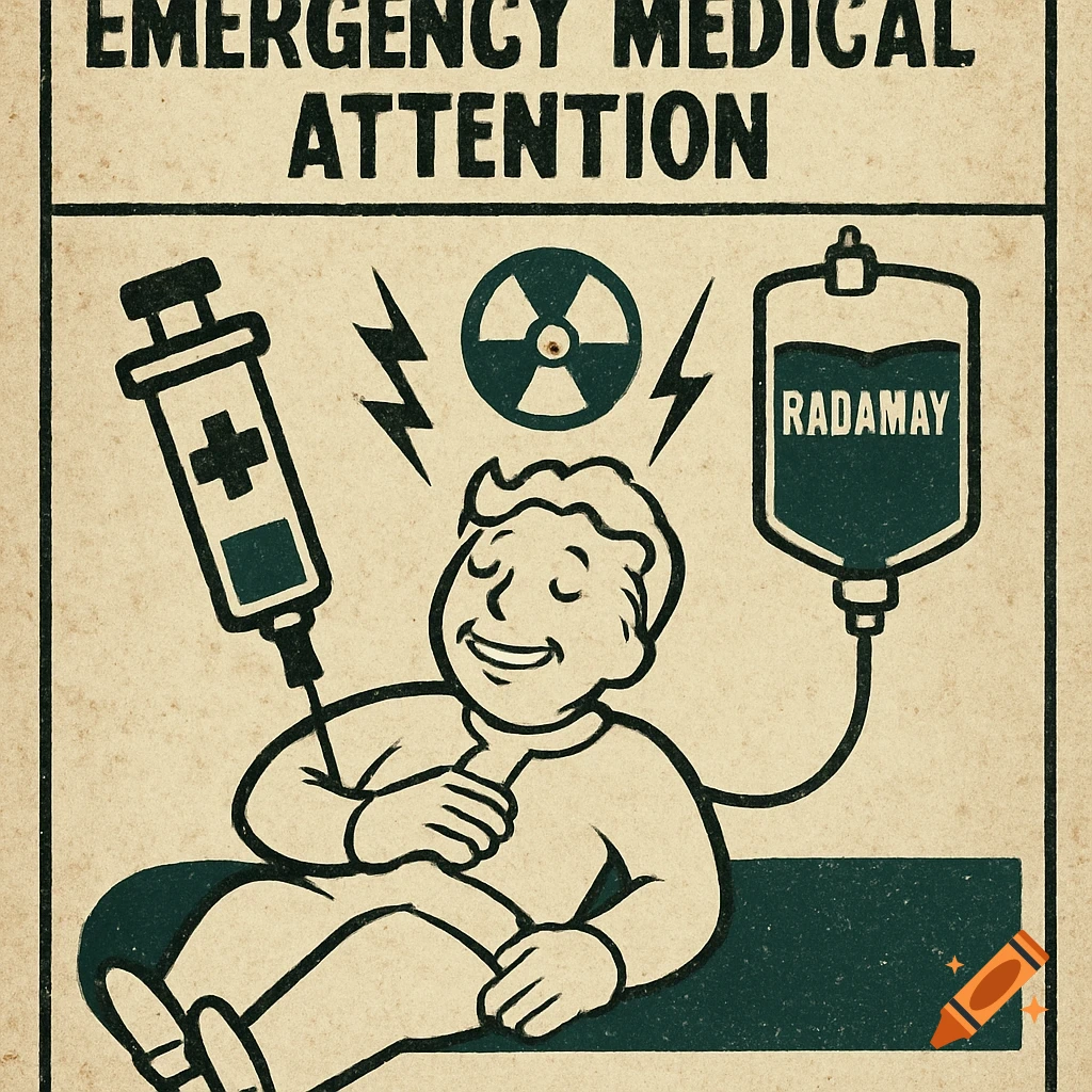 Retro-style Fallout perk icon: A person receives a large syringe injection and an IV drip with "RADAMAY" under "EMERGENCY MEDICAL ATTENTION".