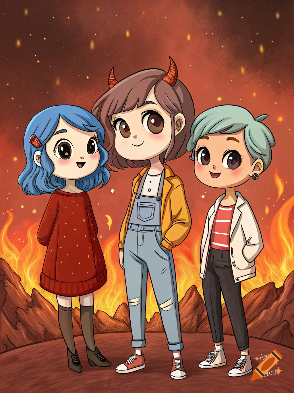 Three stylized young women, one with blue hair, one with horns, and one with short mint-green hair, stand smiling against a fiery hellscape.