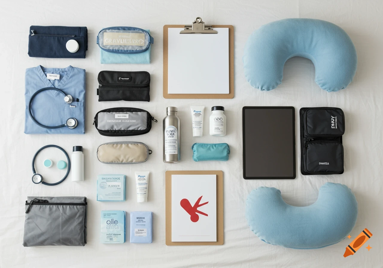 A flat lay overhead shot of essential travel nurse gear, including scrubs, a stethoscope, packing cubes, toiletries, a water bottle, a tablet, and travel pillows, laid out on a white surface.