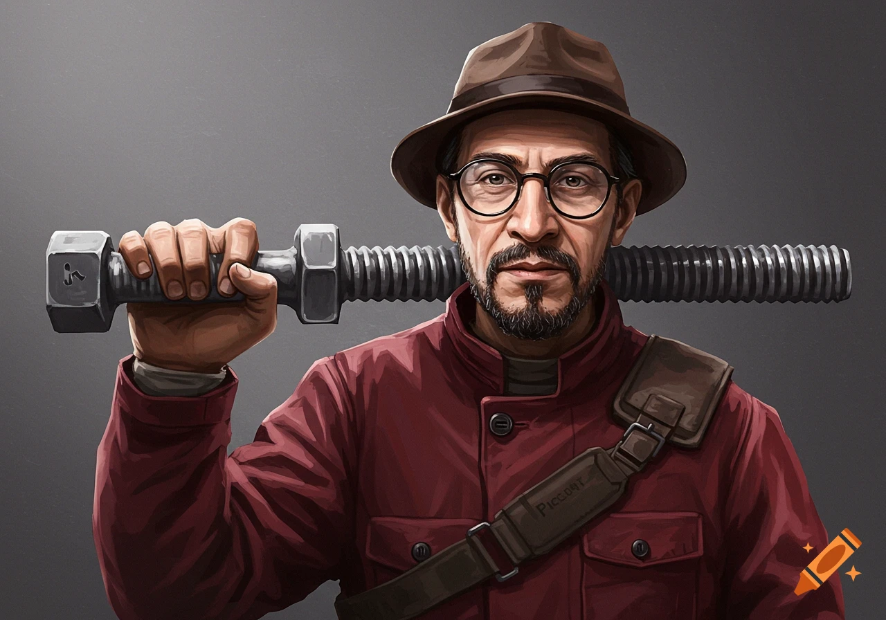 A man in a hat, glasses, and a red jacket holding a large metal bolt over his shoulder in an illustration.