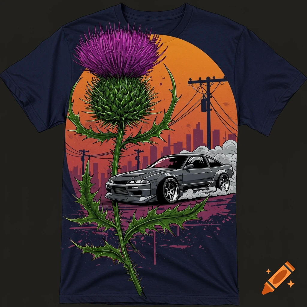 An illustration on a dark blue t-shirt featuring a large purple thistle in the foreground and a grey drift car speeding past a city skyline at sunset.
