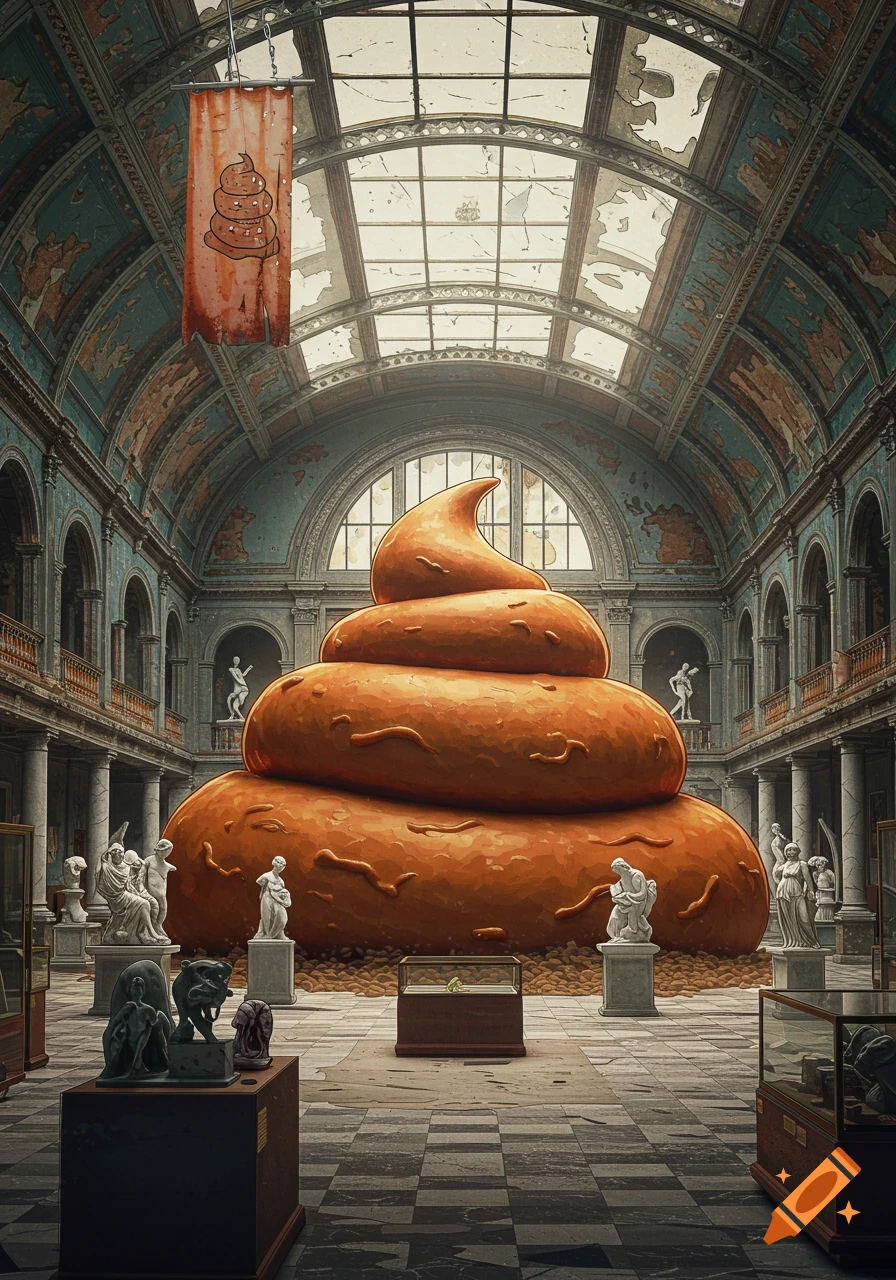 A giant, brown, cartoonish pile of poop sits in the center of a grand, dilapidated museum hall with statues and arched windows.