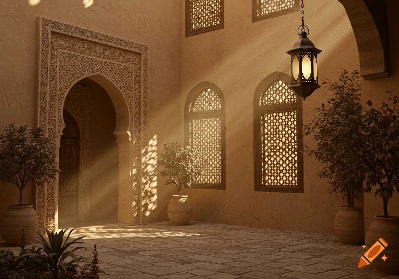 A sunlit traditional Middle Eastern courtyard with an arched doorway, intricate lattice windows, a hanging lantern, and potted plants in warm sepia tones.