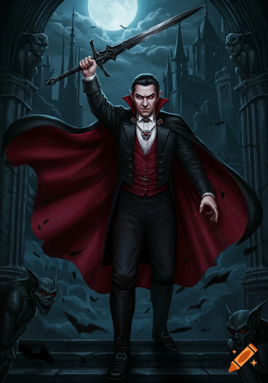 A male vampire with red eyes and a cape holds a black sword above his head in front of a gothic castle under a full moon.