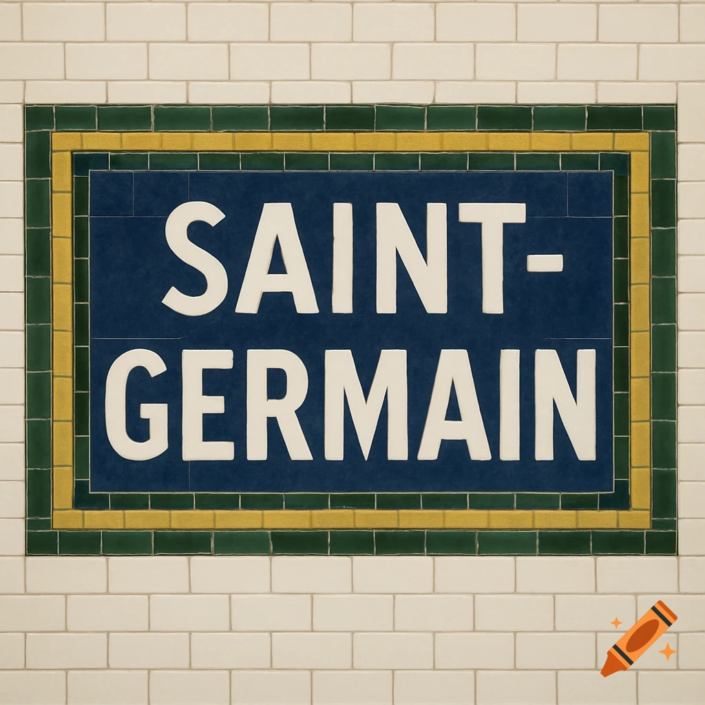 A blue, green, and yellow tiled sign for the Saint-Germain Paris Metro station on a white brick wall.