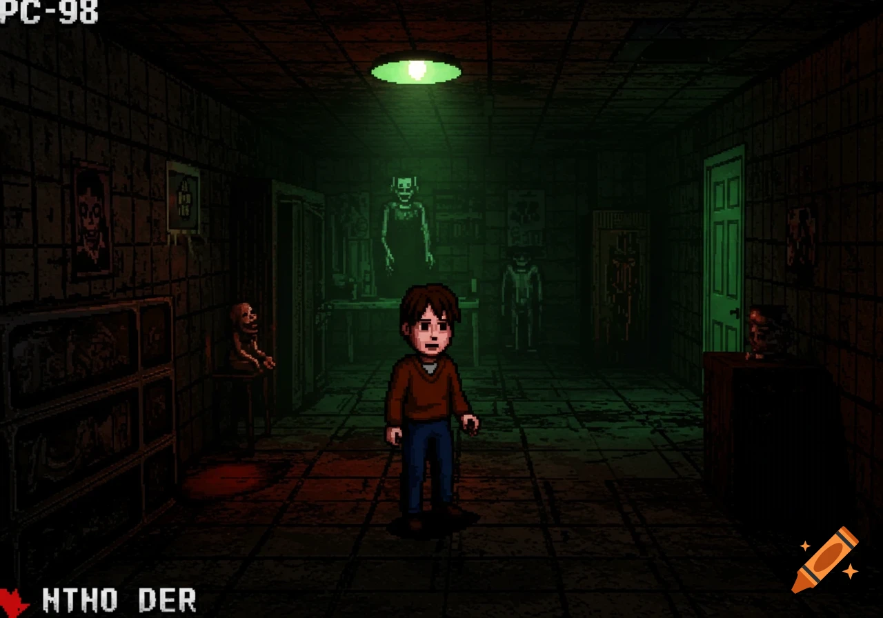 Pixel art of a boy in a dark, pixelated room with skeletons and eerie decor, characteristic of a retro PC-98 horror game.
