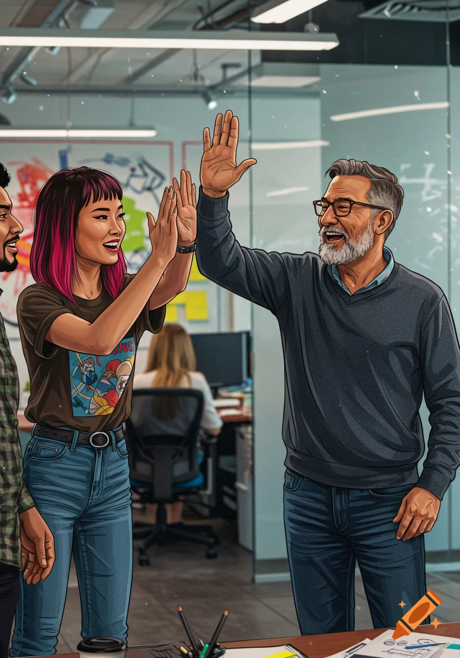 Two smiling coworkers, a woman with pink hair and a man with a beard, high-fiving in a vibrant office illustration.