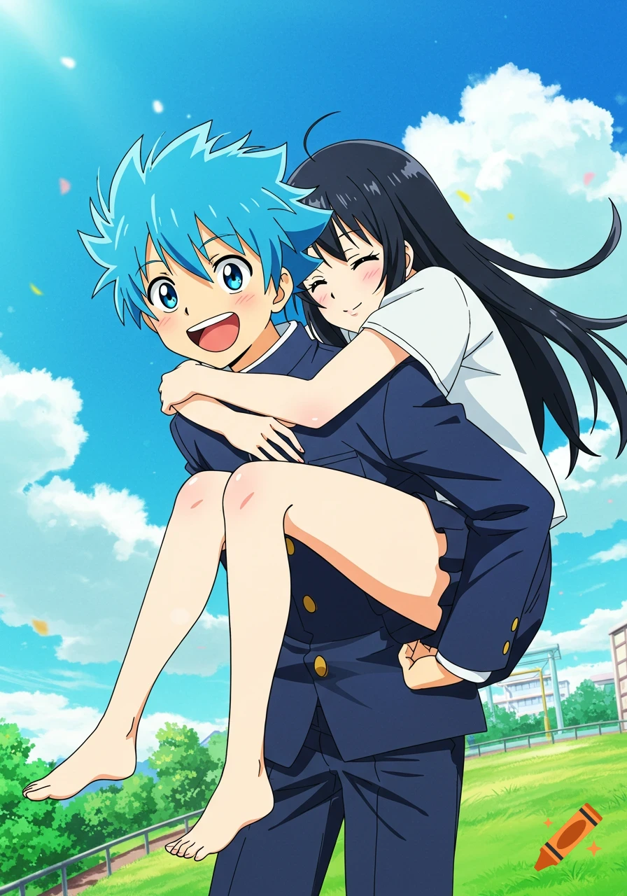 An anime boy with blue hair gives a piggyback ride to a girl with black hair, both smiling under a blue sky.