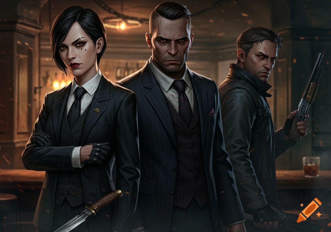 A dark, gritty illustration of three stern-faced mafiosos: a woman with a knife, and two men with a shotgun.