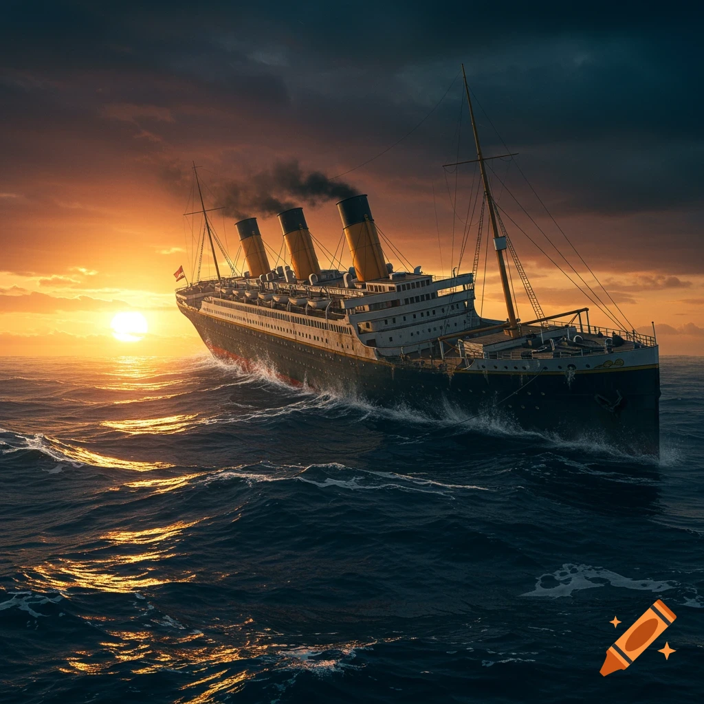 Photorealistic image of a large ship, resembling the Titanic, sinking at an angle in choppy waters under a dramatic sunset sky.