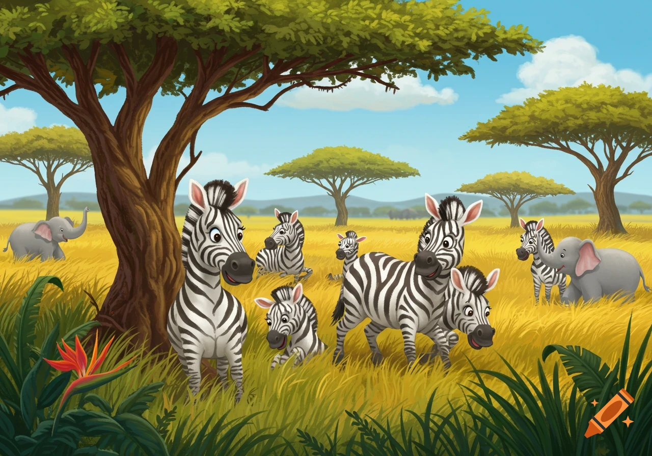 Cartoon zebras and elephants in a sunny African savanna with tall yellow grass and trees.