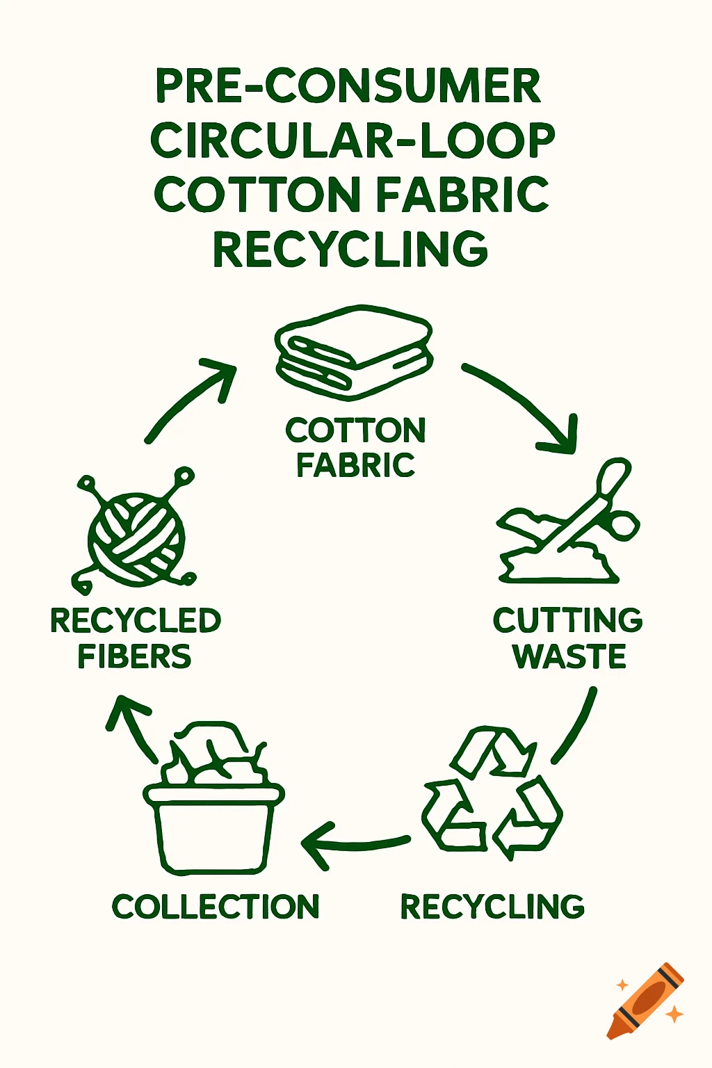 A green infographic illustrates the pre-consumer circular-loop cotton fabric recycling process with icons and text.