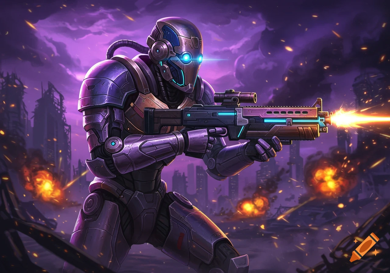 A futuristic robot soldier in purple armor fires a laser rifle in a war-torn, city landscape under a purple sky.