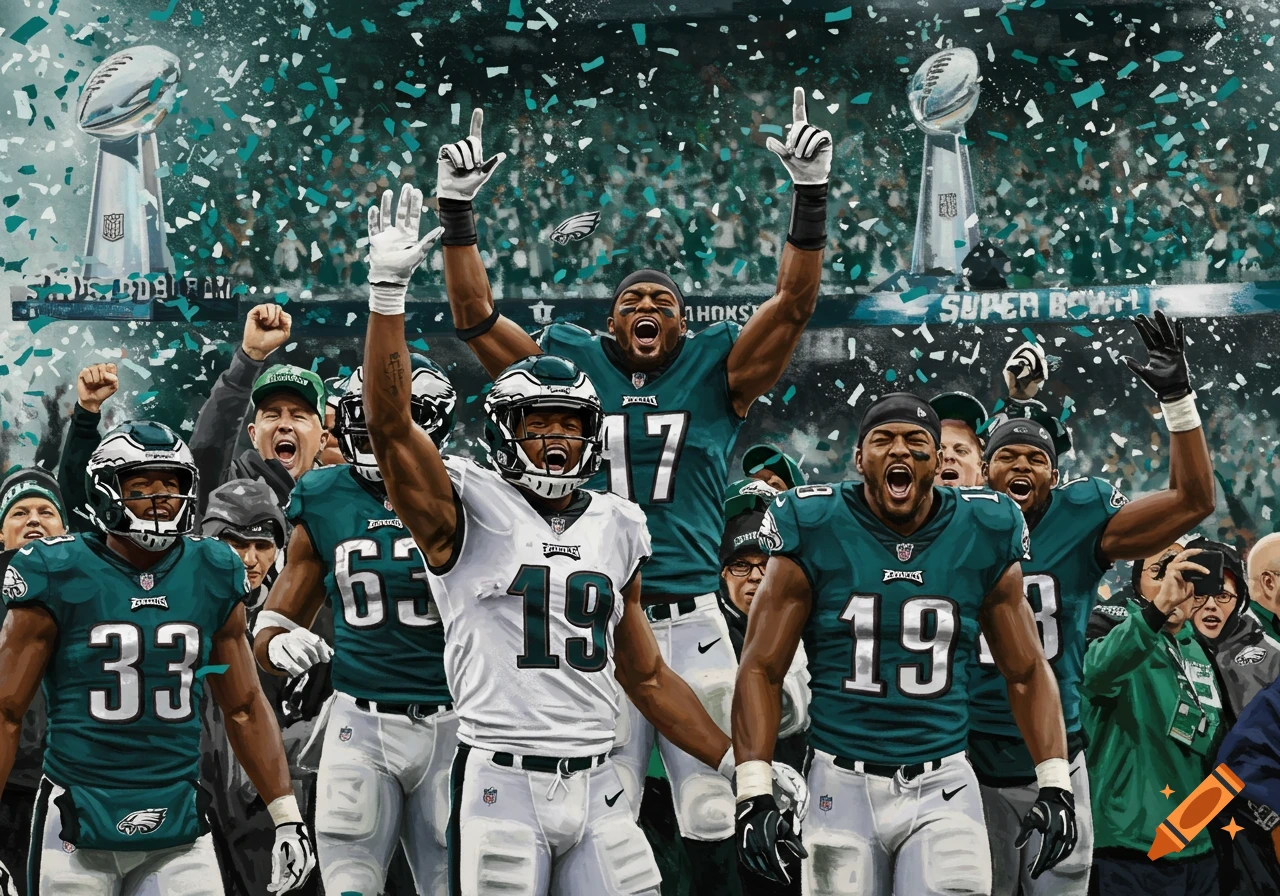 A painterly illustration of Philadelphia Eagles football players celebrating a Super Bowl victory amidst falling confetti, with two Lombardi trophies in the background.