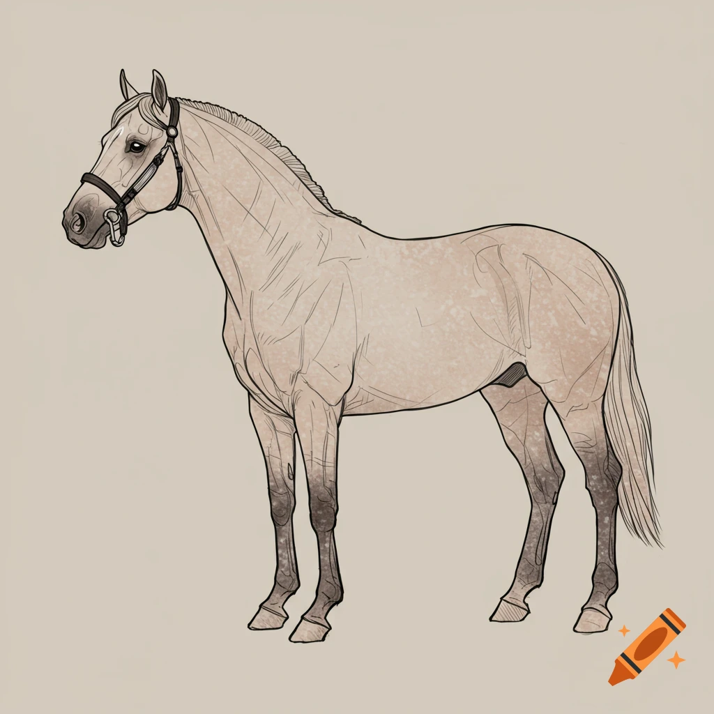 A line art drawing of a light brown horse with dark brown lower legs and a bridle, standing against a plain background.