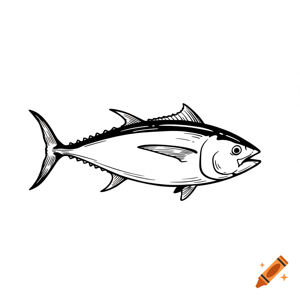 Black outline drawing of a tuna fish on a white background.