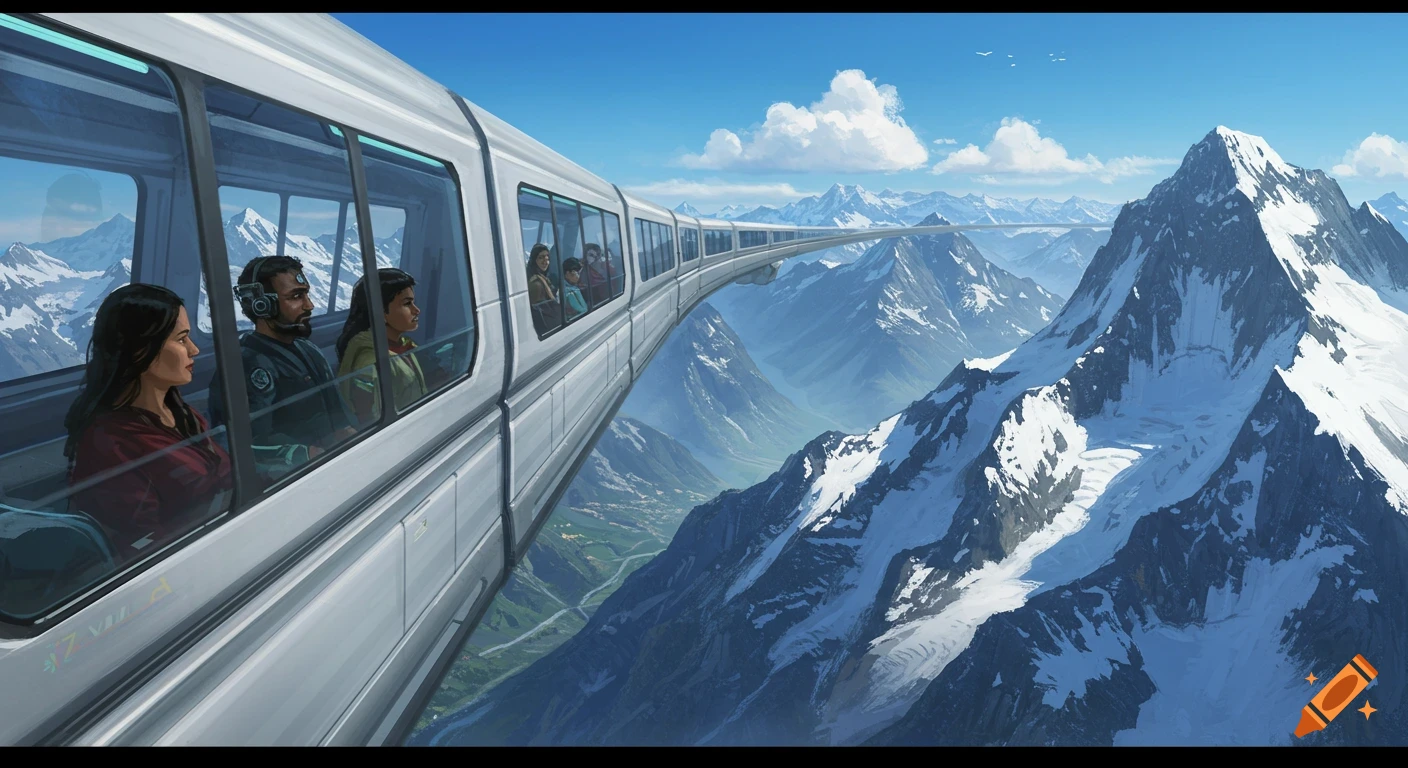 A futuristic monorail with passengers curves through a vast, snow-capped mountain range under a clear blue sky.