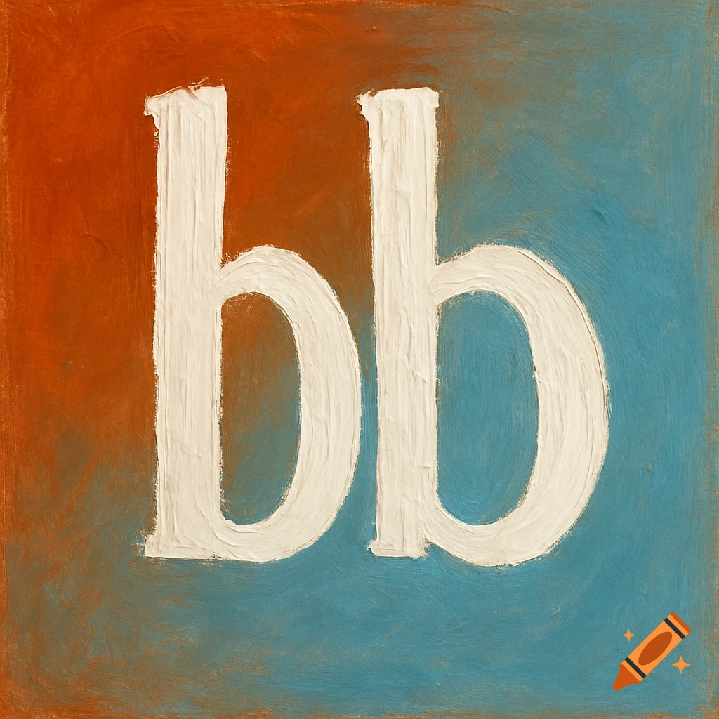 White 'bb' letters painted with heavy texture on an abstract background of burnt orange blending into light blue.