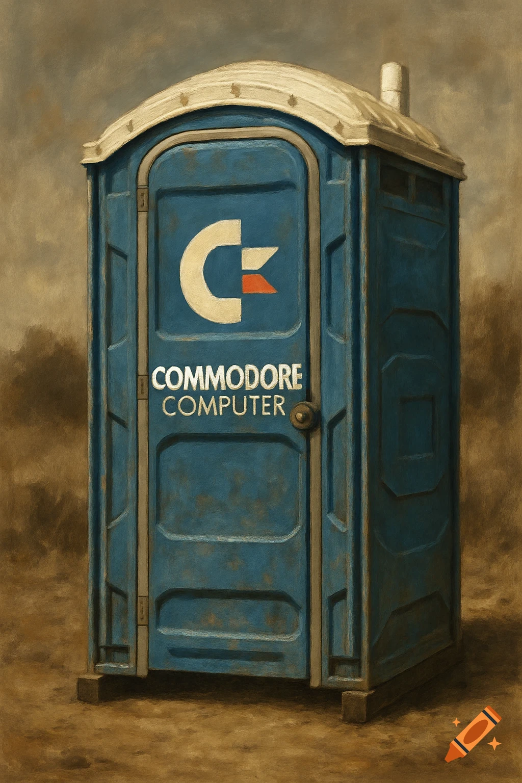 A blue portable toilet with the Commodore Computer logo and text on its door, depicted in a painterly style.