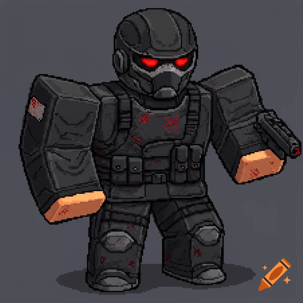 A Roblox-style pixel art character in dark military armor with red glowing eyes holds a pistol.