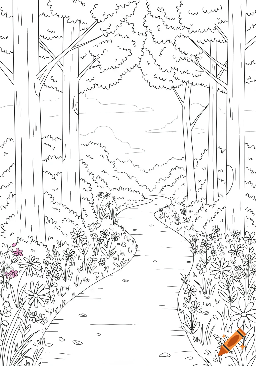 A minimalist line drawing of a forest path with tall trees and wildflowers on the sides.
